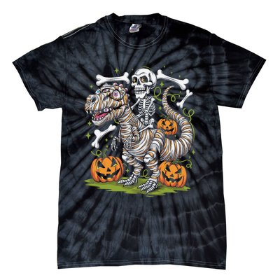 Skeleton Riding Mummy Dinosaur T Rex Halloween Tie-Dye T-Shirt