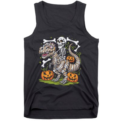 Skeleton Riding Mummy Dinosaur T Rex Halloween Tank Top