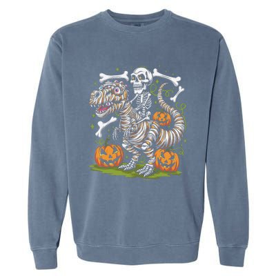 Skeleton Riding Mummy Dinosaur T Rex Halloween Garment-Dyed Sweatshirt