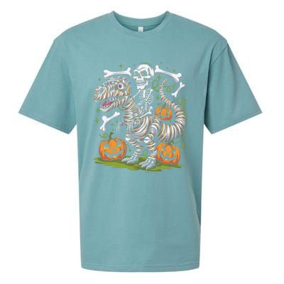 Skeleton Riding Mummy Dinosaur T Rex Halloween Sueded Cloud Jersey T-Shirt