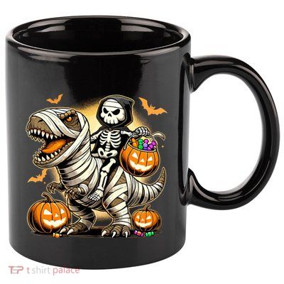 Skeleton Riding Mummy Dinosaur Halloween Pumpkin Cool Gift 11oz C Handle Ceramic Mug