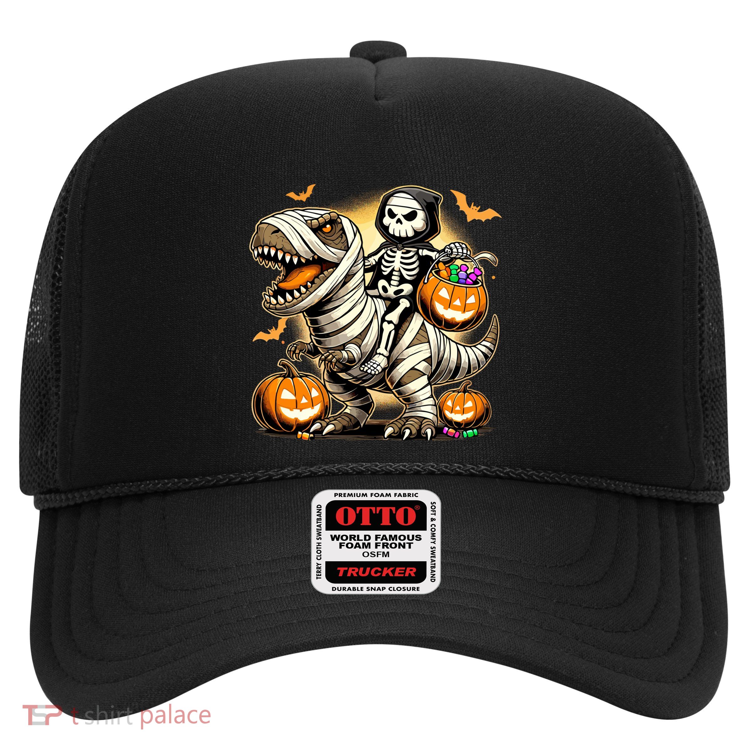 Skeleton Riding Mummy Dinosaur Halloween Pumpkin Cool Gift Trucker Hat