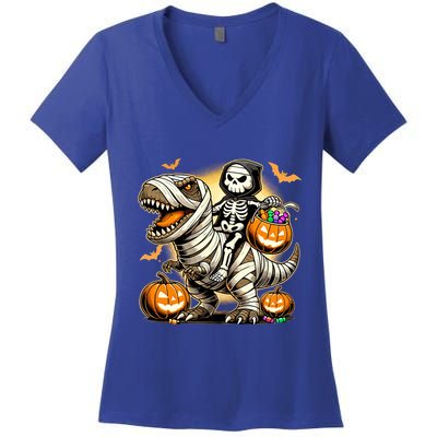 Skeleton Riding Mummy Dinosaur Halloween Pumpkin Cool Gift Women's V-Neck T-Shirt