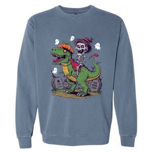 Skeleton Riding Mummy Dinosaur T Rex Halloween Funny Pumpkin Gift Garment-Dyed Sweatshirt