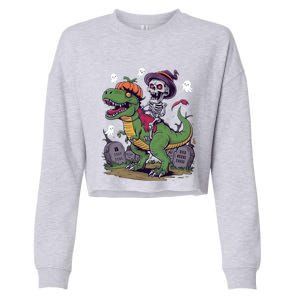 Skeleton Riding Mummy Dinosaur T Rex Halloween Funny Pumpkin Gift Cropped Pullover Crew