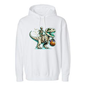 Skeleton Riding Mummy Dinosaur T Rex Halloween Funny Pumpkin Cute Gift Garment-Dyed Fleece Hoodie