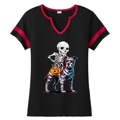 Skeleton Riding Mummy Pitbull Dog Halloween Funny Pumpkin Ladies Halftime Notch Neck Tee