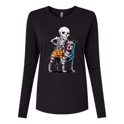 Skeleton Riding Mummy Pitbull Dog Halloween Funny Pumpkin Womens Cotton Relaxed Long Sleeve T-Shirt