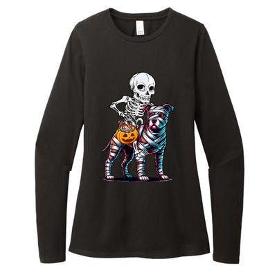 Skeleton Riding Mummy Pitbull Dog Halloween Funny Pumpkin Womens CVC Long Sleeve Shirt