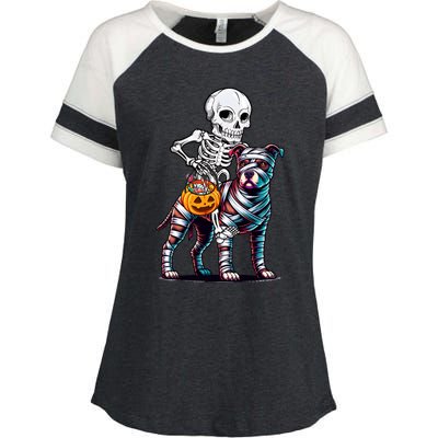 Skeleton Riding Mummy Pitbull Dog Halloween Funny Pumpkin Enza Ladies Jersey Colorblock Tee