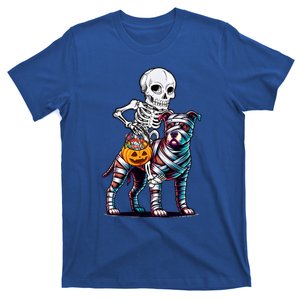 Skeleton Riding Mummy Pitbull Dog Halloween Funny Pumpkin T-Shirt