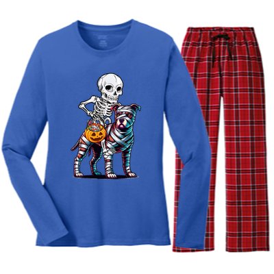 Skeleton Riding Mummy Pitbull Dog Halloween Funny Pumpkin Women's Long Sleeve Flannel Pajama Set 