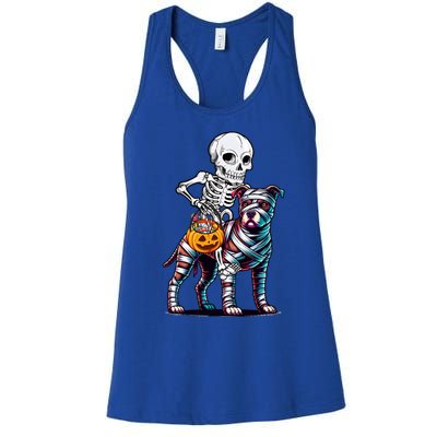 Skeleton Riding Mummy Pitbull Dog Halloween Funny Pumpkin Women's Racerback Tank