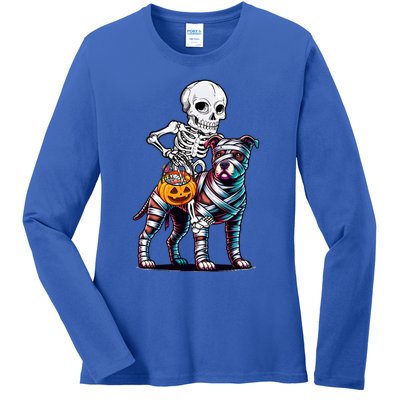 Skeleton Riding Mummy Pitbull Dog Halloween Funny Pumpkin Ladies Long Sleeve Shirt