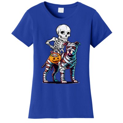 Skeleton Riding Mummy Pitbull Dog Halloween Funny Pumpkin Women's T-Shirt