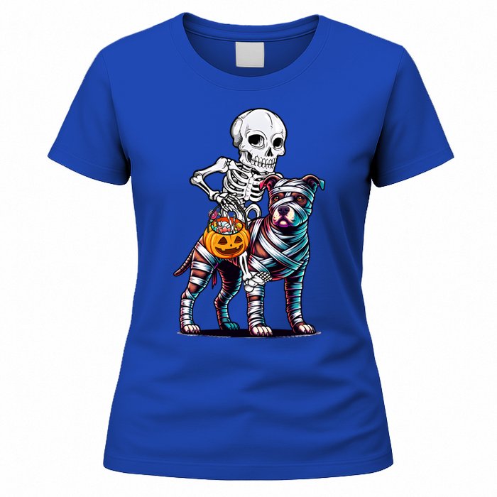 Skeleton Riding Mummy Pitbull Dog Halloween Funny Pumpkin Women's T-Shirt