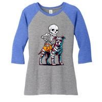 Skeleton Riding Mummy Pitbull Dog Halloween Funny Pumpkin Women's Tri-Blend 3/4-Sleeve Raglan Shirt