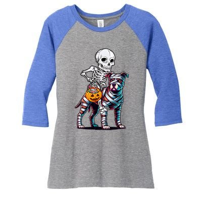 Skeleton Riding Mummy Pitbull Dog Halloween Funny Pumpkin Women's Tri-Blend 3/4-Sleeve Raglan Shirt