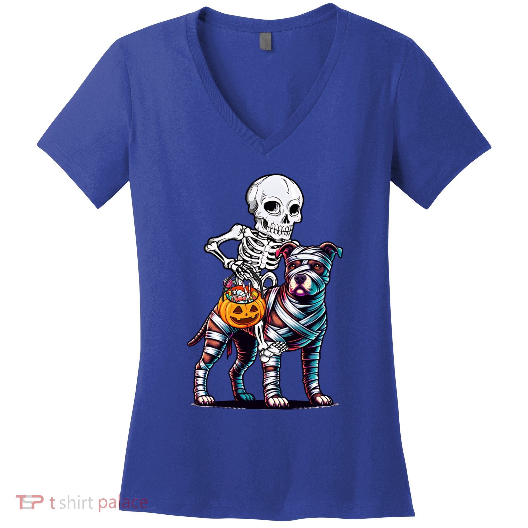 Skeleton Riding Mummy Pitbull Dog Halloween Funny Pumpkin Women's V-Neck T-Shirt