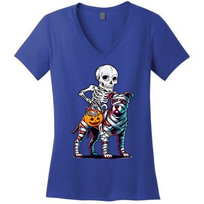 Skeleton Riding Mummy Pitbull Dog Halloween Funny Pumpkin Women's V-Neck T-Shirt