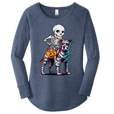 Skeleton Riding Mummy Pitbull Dog Halloween Funny Pumpkin Women's Perfect Tri Tunic Long Sleeve Shirt