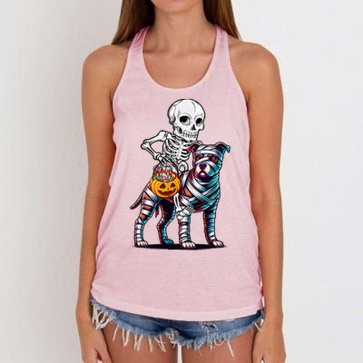 Skeleton Riding Mummy Pitbull Dog Halloween Funny Pumpkin Women's Knotted Racerback Tank