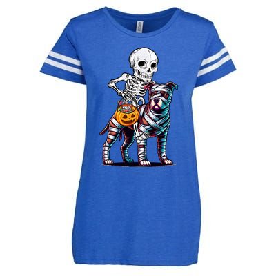 Skeleton Riding Mummy Pitbull Dog Halloween Funny Pumpkin Enza Ladies Jersey Football T-Shirt