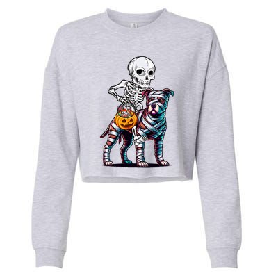 Skeleton Riding Mummy Pitbull Dog Halloween Funny Pumpkin Cropped Pullover Crew