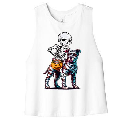 Skeleton Riding Mummy Pitbull Dog Halloween Funny Pumpkin Women's Racerback Cropped Tank