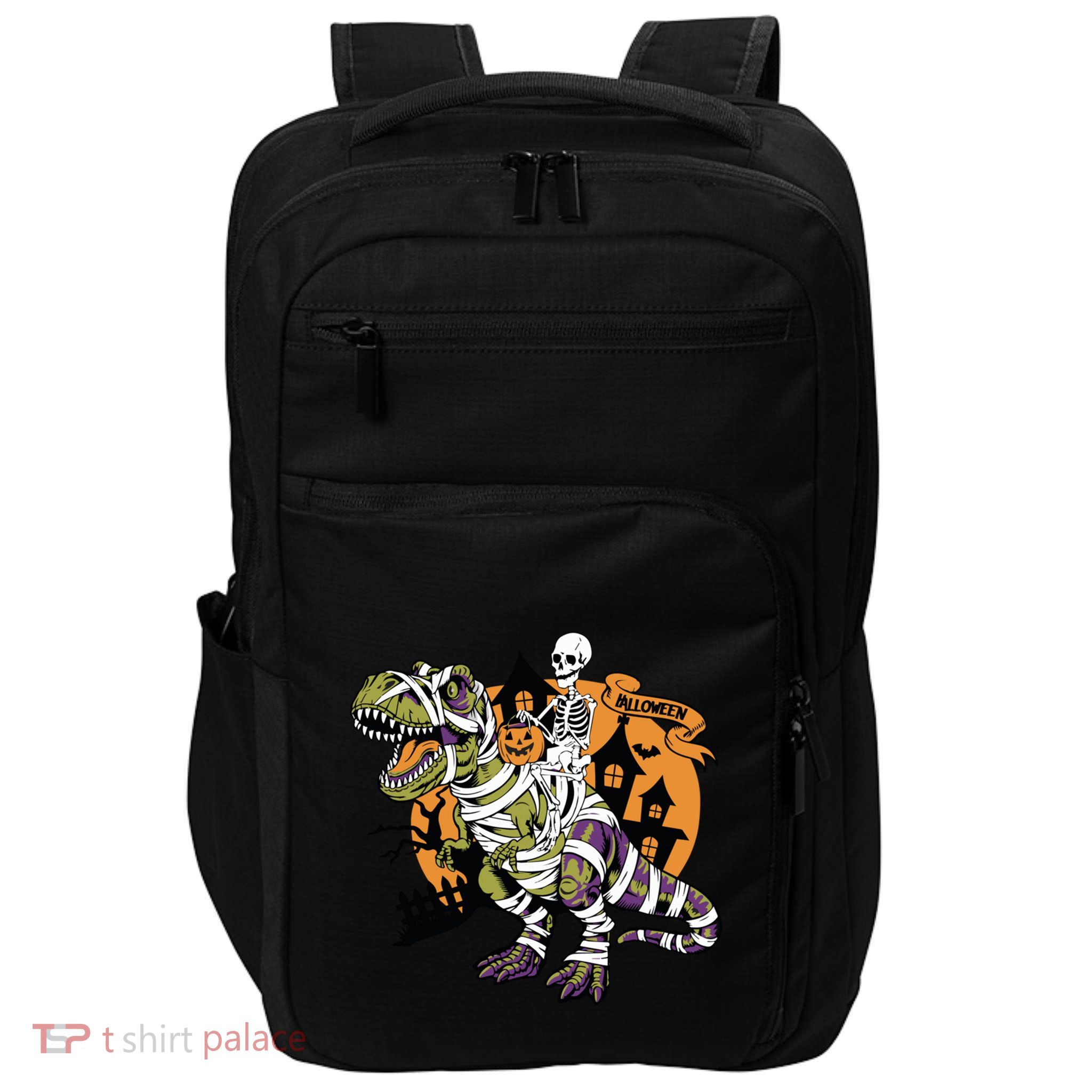 Skeleton Riding Mummy Dinosaur T Rex Halloween Spook Lovers Gift Impact Tech Backpack