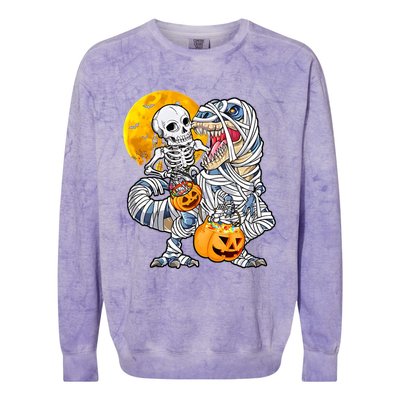 Skeleton Riding Mummy Dinosaur T Rex Halloween Funny Pumpkin Meaningful Gift Colorblast Crewneck Sweatshirt