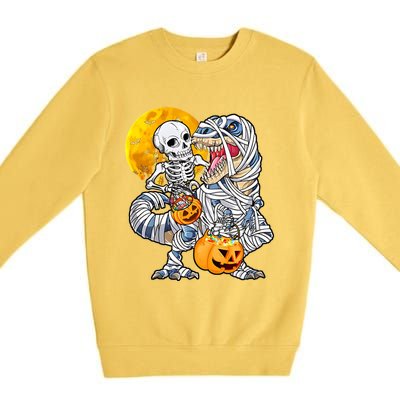 Skeleton Riding Mummy Dinosaur T Rex Halloween Funny Pumpkin Meaningful Gift Premium Crewneck Sweatshirt