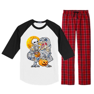 Skeleton Riding Mummy Dinosaur T Rex Halloween Funny Pumpkin Meaningful Gift Raglan Sleeve Pajama Set