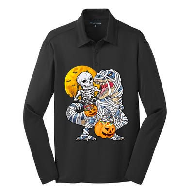 Skeleton Riding Mummy Dinosaur T Rex Halloween Funny Pumpkin Meaningful Gift Silk Touch Performance Long Sleeve Polo