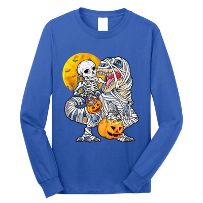 Skeleton Riding Mummy Dinosaur T Rex Halloween Funny Pumpkin Meaningful Gift Long Sleeve Shirt