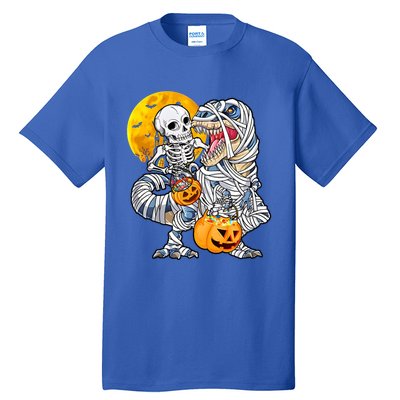 Skeleton Riding Mummy Dinosaur T Rex Halloween Funny Pumpkin Meaningful Gift Tall T-Shirt