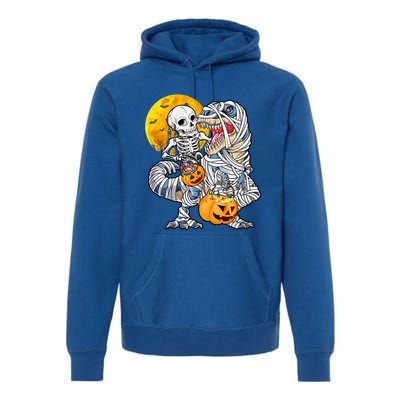 Skeleton Riding Mummy Dinosaur T Rex Halloween Funny Pumpkin Meaningful Gift Premium Hoodie