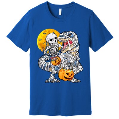 Skeleton Riding Mummy Dinosaur T Rex Halloween Funny Pumpkin Meaningful Gift Premium T-Shirt