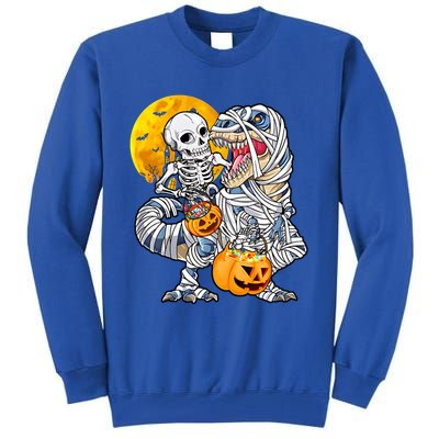 Skeleton Riding Mummy Dinosaur T Rex Halloween Funny Pumpkin Meaningful Gift Tall Sweatshirt