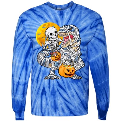 Skeleton Riding Mummy Dinosaur T Rex Halloween Funny Pumpkin Meaningful Gift Tie-Dye Long Sleeve Shirt