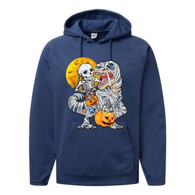 Skeleton Riding Mummy Dinosaur T Rex Halloween Funny Pumpkin Meaningful Gift Performance Fleece Hoodie