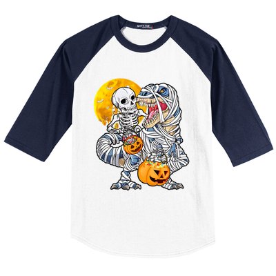 Skeleton Riding Mummy Dinosaur T Rex Halloween Funny Pumpkin Meaningful Gift Baseball Sleeve Shirt