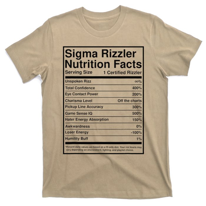 Sigma Rizzler Nutrition Facts W Rizz Meme Funny Gen Z T-Shirt