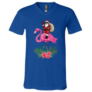 Santa Riding On A Pink Flamingo Christmas Santa Graphic Funny Gift V-Neck T-Shirt