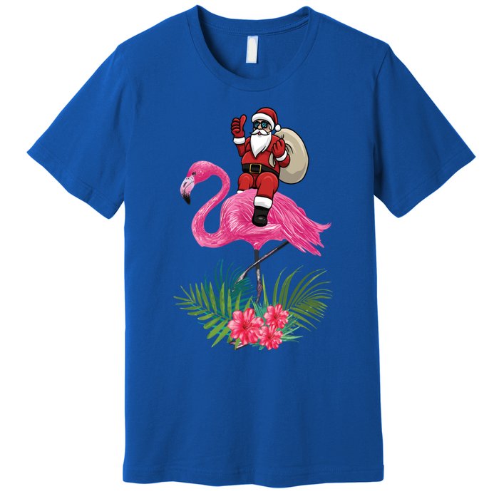 Santa Riding On A Pink Flamingo Christmas Santa Graphic Funny Gift Premium T-Shirt