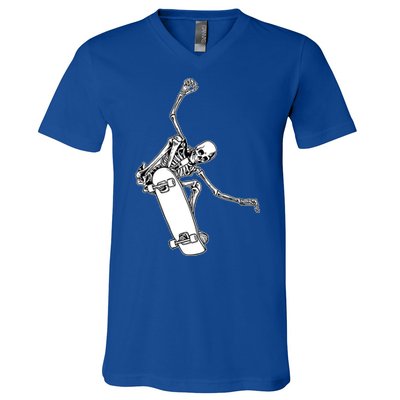 Skeleton Riding On Skateboard Halloween Gift V-Neck T-Shirt