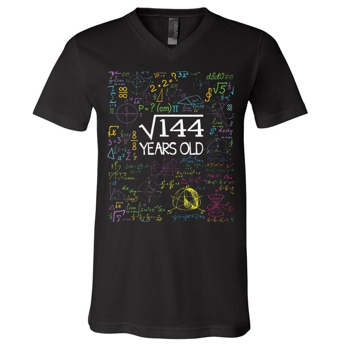 Square Root Of 144 12th Birthday Funny 12 Year Old Nerd Math V-Neck T-Shirt