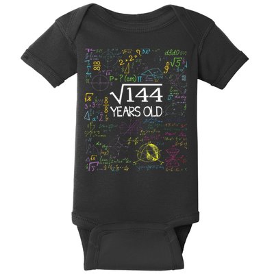 Square Root Of 144 12th Birthday Funny 12 Year Old Nerd Math Baby Bodysuit