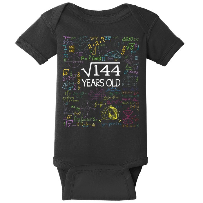 Square Root Of 144 12th Birthday Funny 12 Year Old Nerd Math Baby Bodysuit