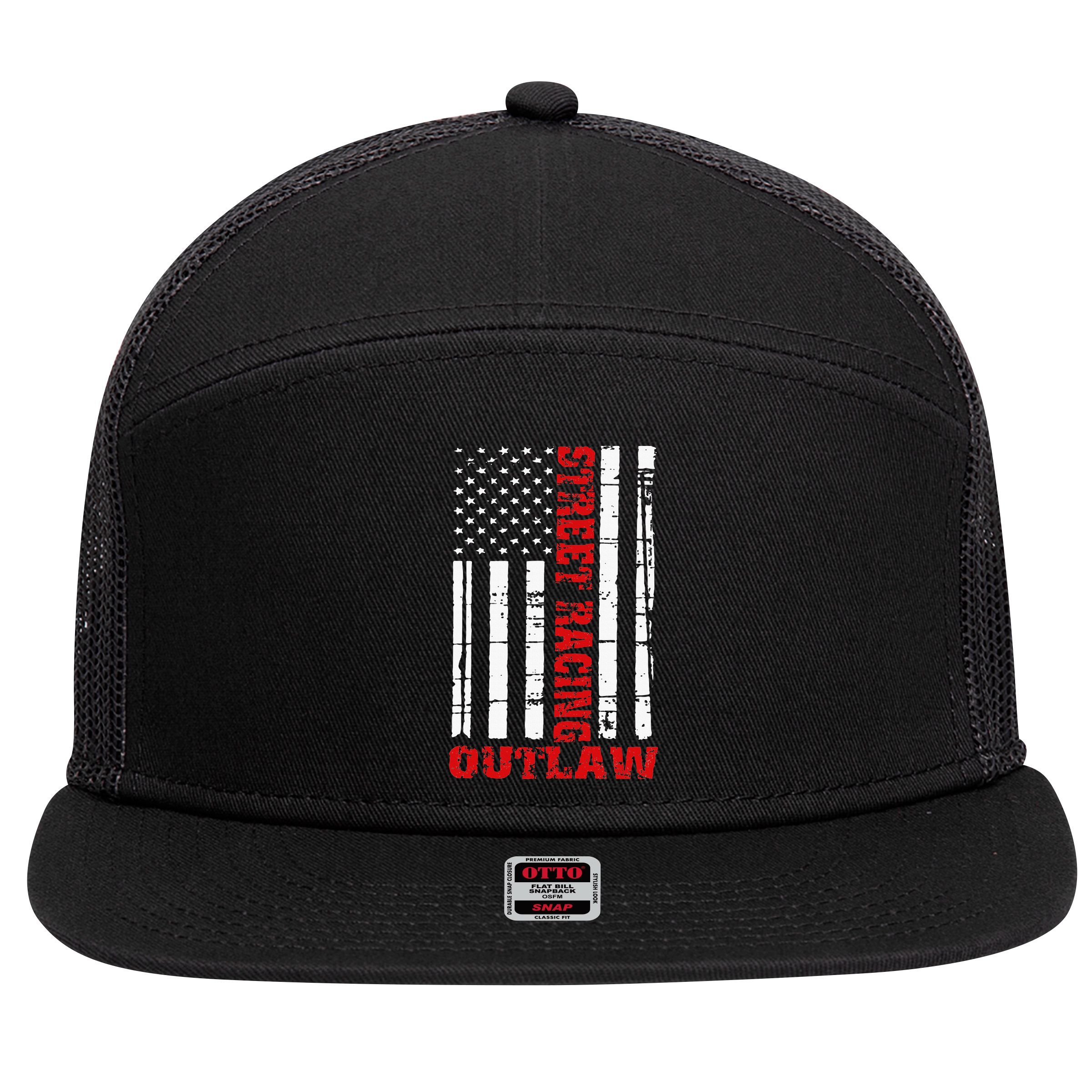 Street Racing Outlaw Flag American Drag Racing 7 Panel Mesh Trucker Snapback Hat